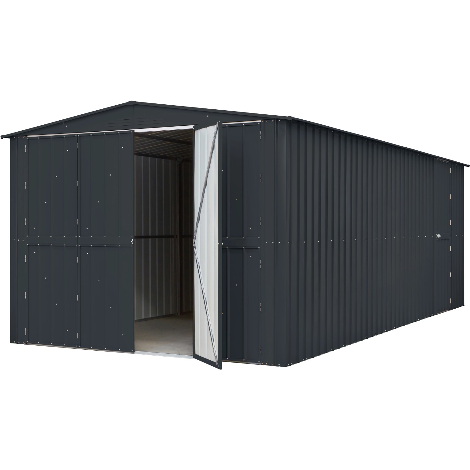 Globel Gerätehaus Parker 1015 in Anthrazit mit geöffneter Doppeltür.