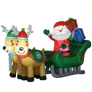 Aufblasbarer HOMCOM Weihnachtsmann mit zwei Rentieren und Schlitten, LED-beleuchtet. Festliche Weihnachtsdekoration.