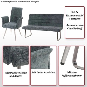 MCW Essgruppe G55: 2 Stühle mit Armlehne, Sitzbank 180cm, Chenille Creme