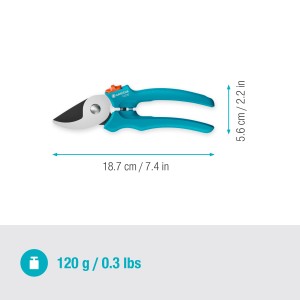 Gardena EasyCut Gartenschere, Bypass-Schnitt bis 20mm, mit blau-türkisen Griffen und Maßen.