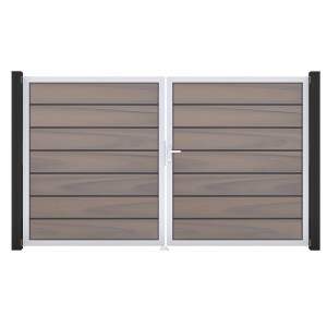 GroJa Grande Steckzaun Tor Premium, Bi-Color, DIN Rechts. Gartentor mit Holzoptik und silbernem Rahmen.