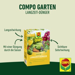 Gelbe Packung Compo Garten Langzeit-Dünger 2 kg mit Blumen- & Gemüsebildern. Sofort- & 6 Monate Langzeitwirkung.