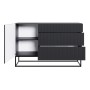 Schwarzes Selsey Sideboard Veldio mit geriffelten Fronten, 3 Schubladen, offener Tür mit 2 Fächern, schwarzen Beinen.