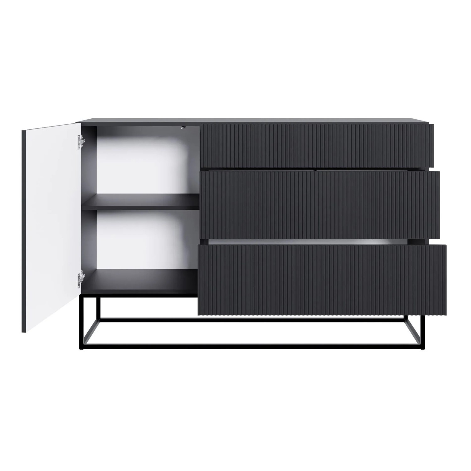 Schwarzes Selsey Sideboard Veldio mit geriffelten Fronten, 3 Schubladen, offener Tür mit 2 Fächern, schwarzen Beinen.