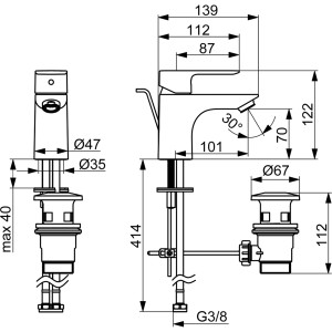 Technische Zeichnung: Hansa Waschtischarmatur Basic 5540, Einhebelmischer, Chrom, mit Maßangaben.
