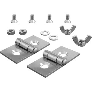 Umbauset für Kaminhaube klappbar aus Edelstahl, bestehend aus Scharnieren, Schrauben, Muttern und Unterlegscheiben.