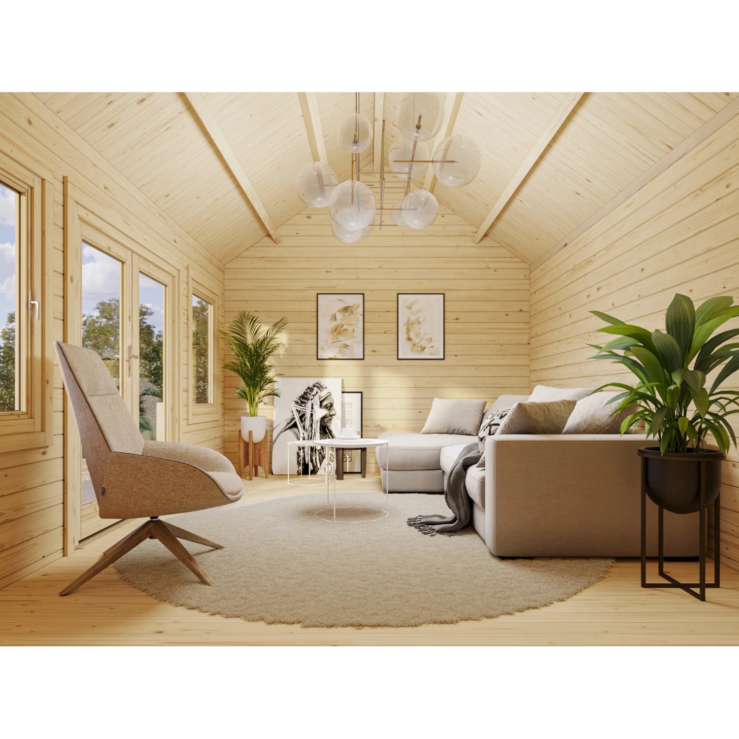 Innenansicht Palmako Gartenhaus Claudia, 450x330 cm, naturbelassen, mit Möbeln dekoriert.