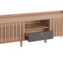 MCW TV-Rack M48 in Beige mit Holz-Schiebetüren, offener Ablage und grauer Schublade. Moderner TV-Schrank.