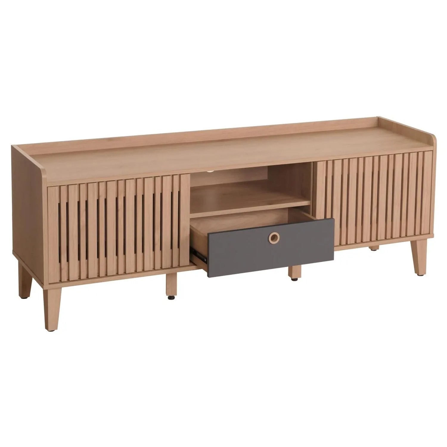 MCW TV-Rack M48 in Beige mit Holz-Schiebetüren, offener Ablage und grauer Schublade. Moderner TV-Schrank.
