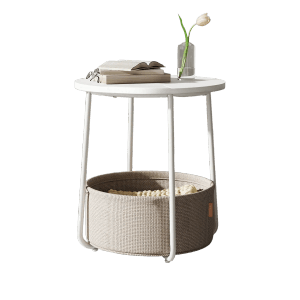Songmics Beistelltisch Lilea, rund, weiß-beige mit Korb. Couchtisch mit Ablage für Wohnzimmer oder Schlafzimmer.