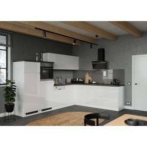 Moderne Held Winkelküche Gera, 300 cm, Weiß/Beton, ohne E-Geräte. Küchenzeile mit Hochglanzfronten und Arbeitsplatte.