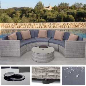 Graue Poly-Rattan Gartenmöbel-Garnitur mit dunklen Polstern und beigen Kissen.