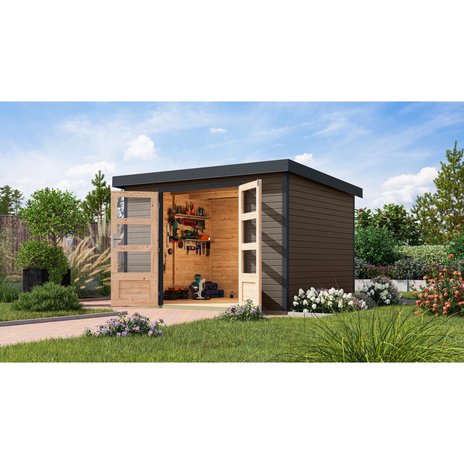 Karibu Gartenhaus Diego 5 in Terragrau/Anthrazit mit geöffneten Türen und Werkzeug im Inneren.