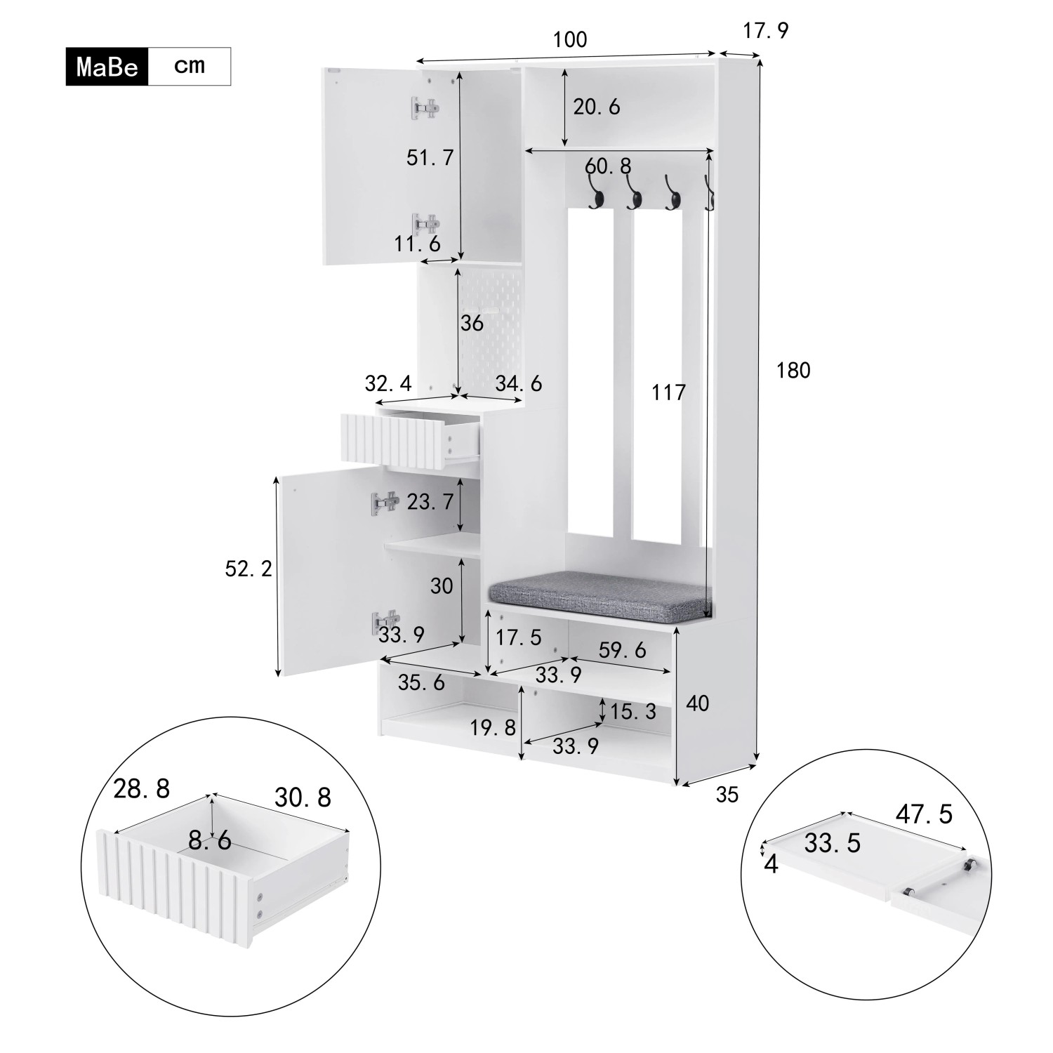 okwish Garderoben Set mit Sitzbank 4 Haken Türen Schubladen 100x180x35cm Weiß_5