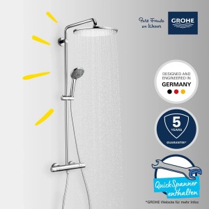 Grohe QuickFix Vitalio Duschsystem mit Kopf- und Handbrause, Thermostatbatterie und QuickSpanner.