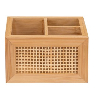 Braune Wenko Badbox Allegre mit 3 Fächern aus Bambus und Rattan im Boho-Stil.