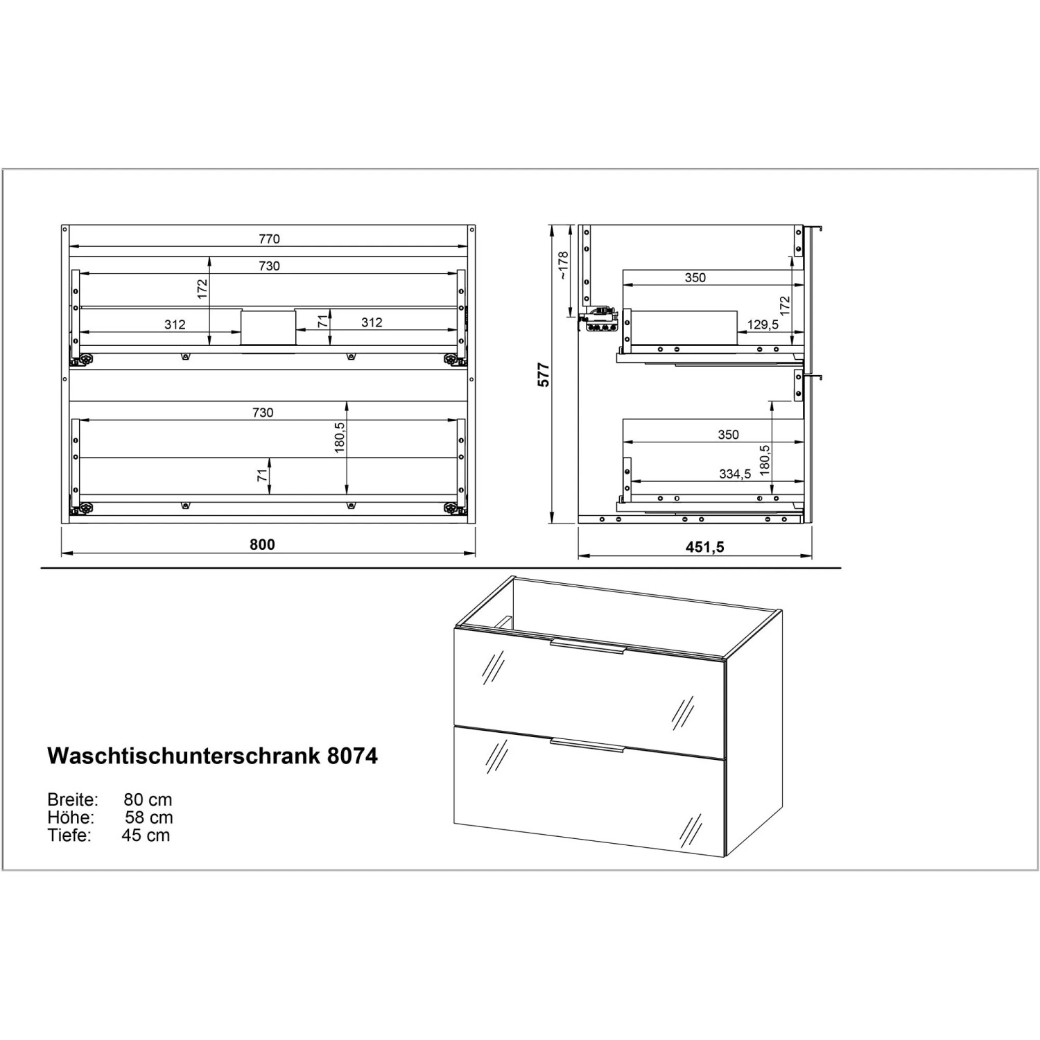 Technische Zeichnung: Germania Waschtischunterschrank Graphit/Grau, Maße und Details.