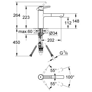 Technische Zeichnung: Grohe Concetto Küchenarmatur mit Maßen und Schwenkbereich.