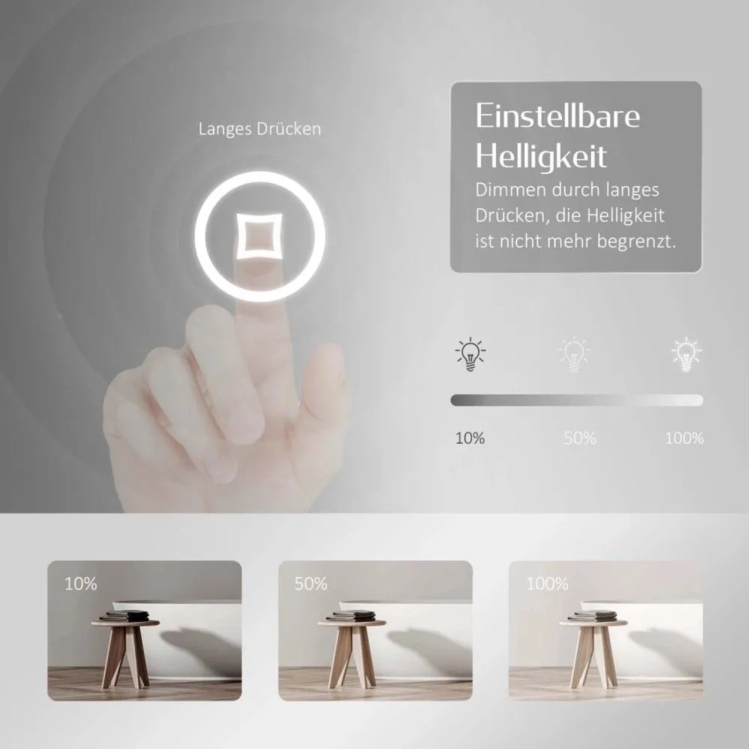 Hand dimmt LED Badspiegel Helligkeit per Touch-Schalter. Visueller Vergleich von 10%, 50% und 100% Lichtstärke. Dimmbarer Spiegel.