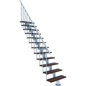 Minka Mittelholmtreppe Comfort Top in Walnuss/Weiß, Raumspartreppe mit Holzstufen und weißem Geländer.