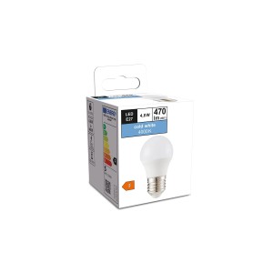 E27 LED-Lampe in Tropfenform, 4,8W, kaltweiß, 470 Lumen, in Produktverpackung.