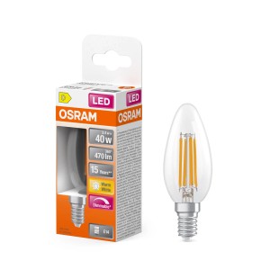 Osram LED E14 Kerzenlampe, 3,4W, klar. Dimmbares Leuchtmittel für dekorative Beleuchtung.