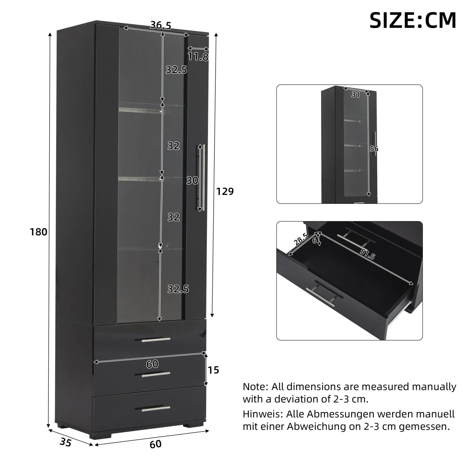 okwish Vitrine mit LED Beleuchtung Schubladen Glasvitrine Wohnzimmer 60x35x180cm Schwarz_5