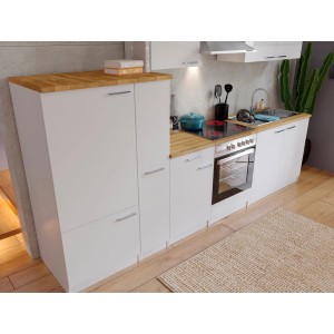 Respekta Küchenzeile KB300WWC, 300 cm, Weiß, mit E-Geräten und Arbeitsplatte in Nussbaumoptik.