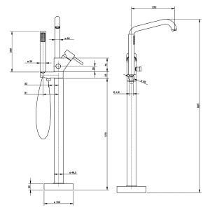 Technische Zeichnung: Freistehende Wannenarmatur mit Handbrause und Maßangaben.