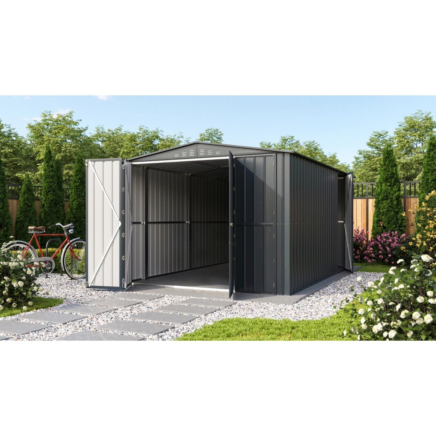 Offenes, anthrazitfarbenes Globel Gerätehaus Parker 1015 im Garten.