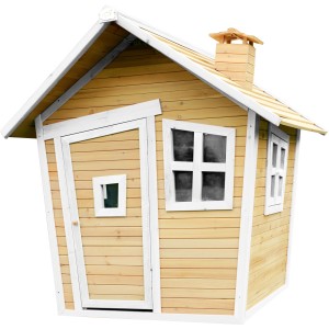 Axi Alice Spielhaus im Crooked Design, braun-weiß, mit Tür, Fenster und Schornstein.