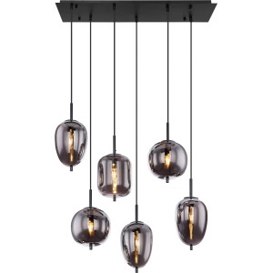Globo Pendelleuchte Blacky, 6-flammig, Schwarz, Rauchglas. Moderne Hängelampe für Wohnräume.
