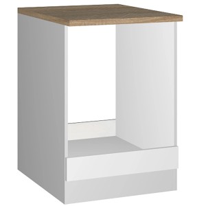Herdumbauschrank Mailand, 60 cm, Hochglanz Weiß/Weiß mit Eiche Arbeitsplatte.