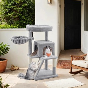 Feandrea Kratzbaum, hellgrau, mit Plattform, Höhle und Kratzrampe für große Katzen.