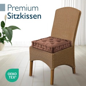 Braunes Beautissu Mila Stuhlkissen (4er-Set) auf einem Stuhl. Bequeme Sitzkissen für Stühle.