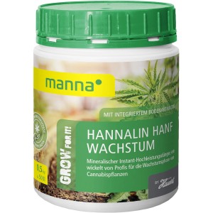 Manna Hanfdünger Hannalin Wachstum 0,5kg im weißen Behälter mit grünem Deckel.
