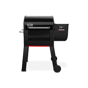 Schwarzer Weber Smoque Holzpelletgrill mit digitaler Steuerung und Rädern.