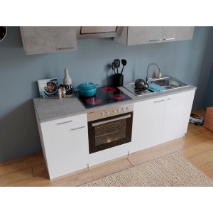 Respekta Economy Küchenzeile KB210WWBSC, 210 cm, Weiß und Beton Optik mit E-Geräten.