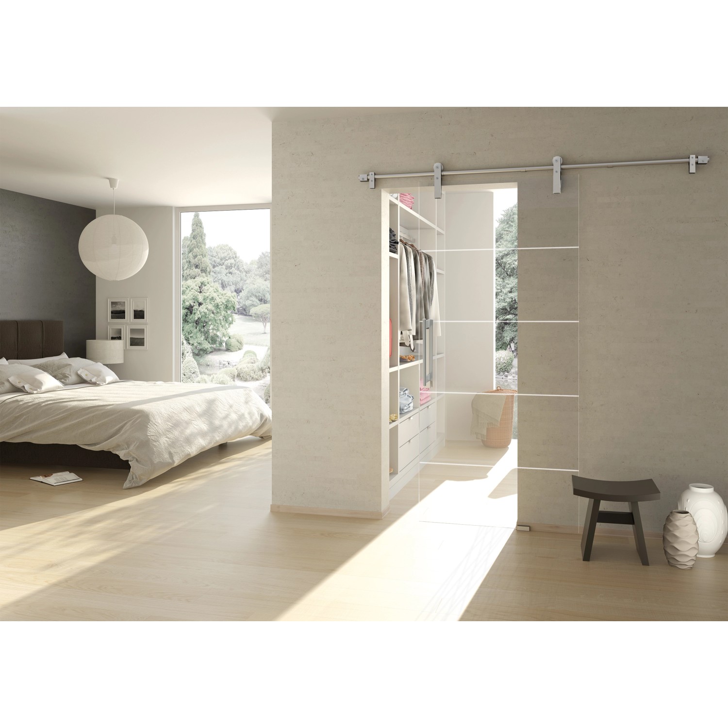 Novadoors Glasschiebetür Nova 582 Klar mit vier Laserstreifen im modernen Schlafzimmer.