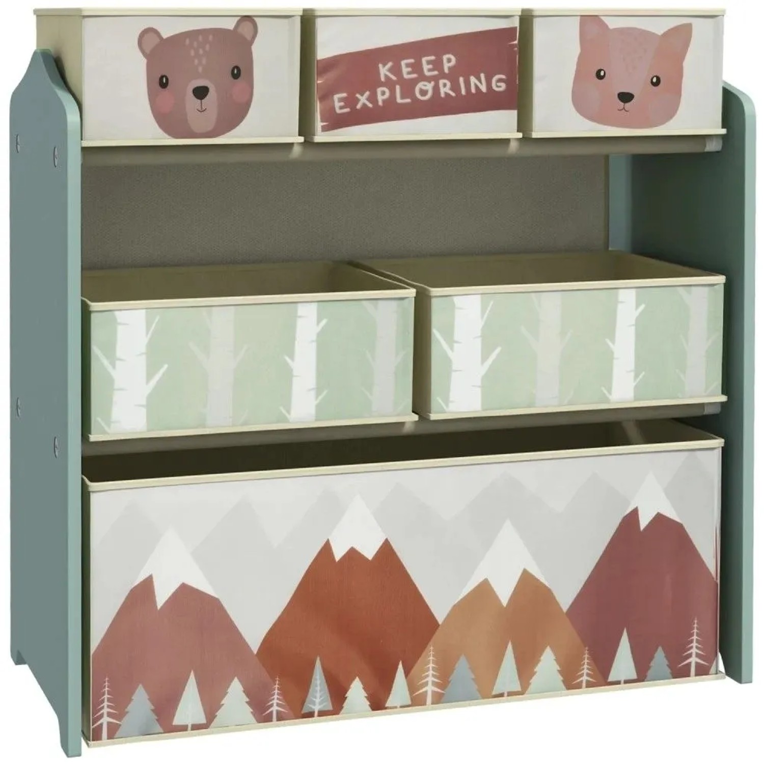ZONEKIZ Kinderzimmerregal mit bunten Vliesstoff-Boxen: Bär, Fuchs, Bäume, Berge. Ideal für Spielzeug & Bücher.