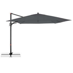 Quadratischer, anthrazitfarbener Ampelschirm 280x280 cm mit Kurbelmechanik.