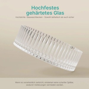 Emke rundes transparentes Aufsatzwaschbecken aus gehärtetem Glas, vertikal gerippt.