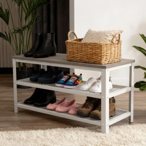 Relaxdays Schuhbank Stahl Weiß Grau mit 2 Schuhablagen 45 cm x 73 cm x 30 cm