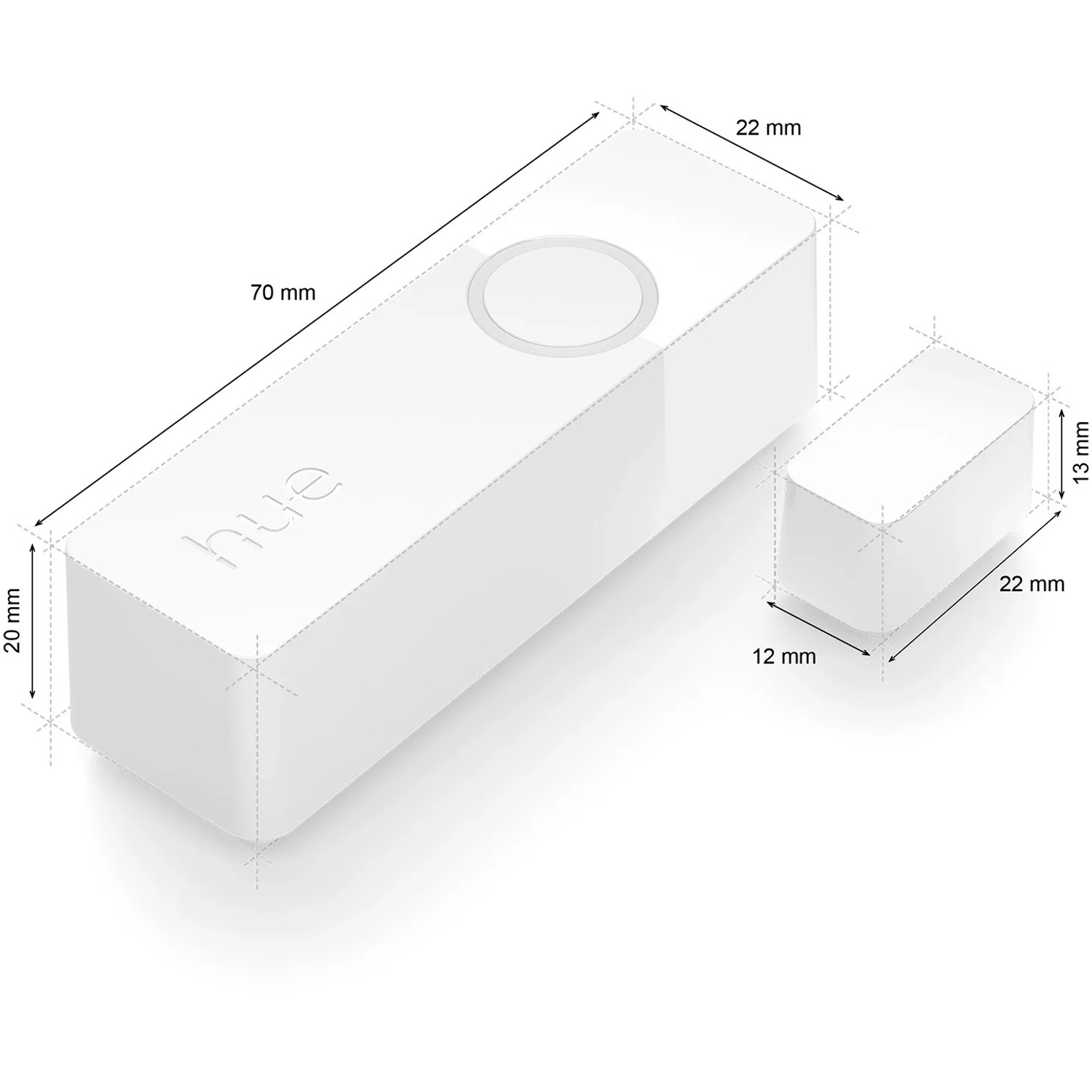 Philips Hue Secure Kontaktsensor 2er-Pack, weiße Sensoren mit Maßen für Tür- und Fensterüberwachung.