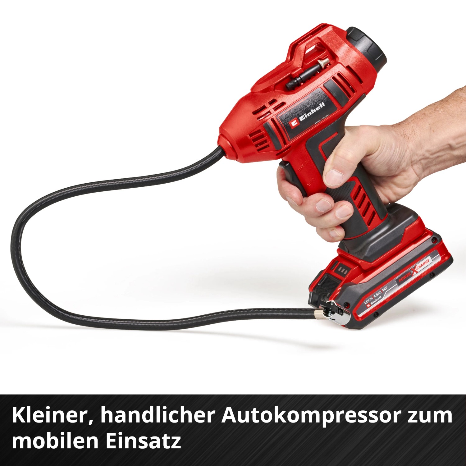 Einhell Akku-Autokompressor CE-CC 18 Li-Solo, rot/schwarz, mit Schlauch und Akku. Mobiler Kompressor für Auto- und Fahrradreifen.