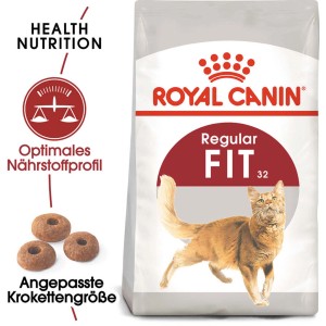 Royal Canin Fit Katzenfutter, 400g Packung mit Katze und Kroketten.