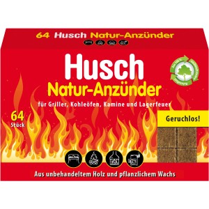 Husch Natur Anzünder, 64 Stück, für Kamin, Grill & Ofen. Geruchlose Anzündhilfe aus Holz und Wachs.