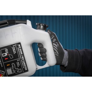 Texas Mix Kanister 2-Takt in Hand mit Handschuh, Zubehör für Rasentrimmer & Sensen.