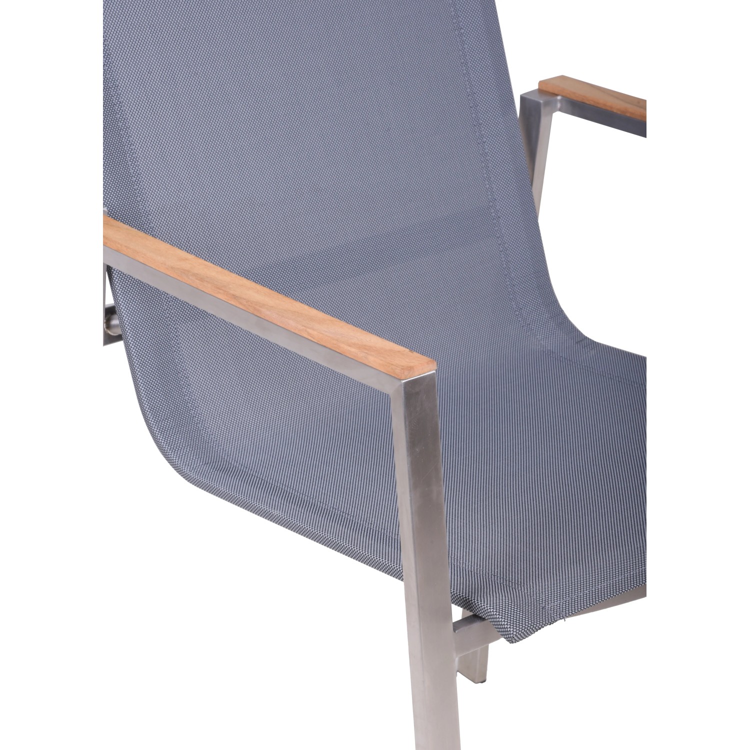 Detailansicht: Grauer Gartenstuhl Pavia mit Teakholz-Armlehne, 2er Set.