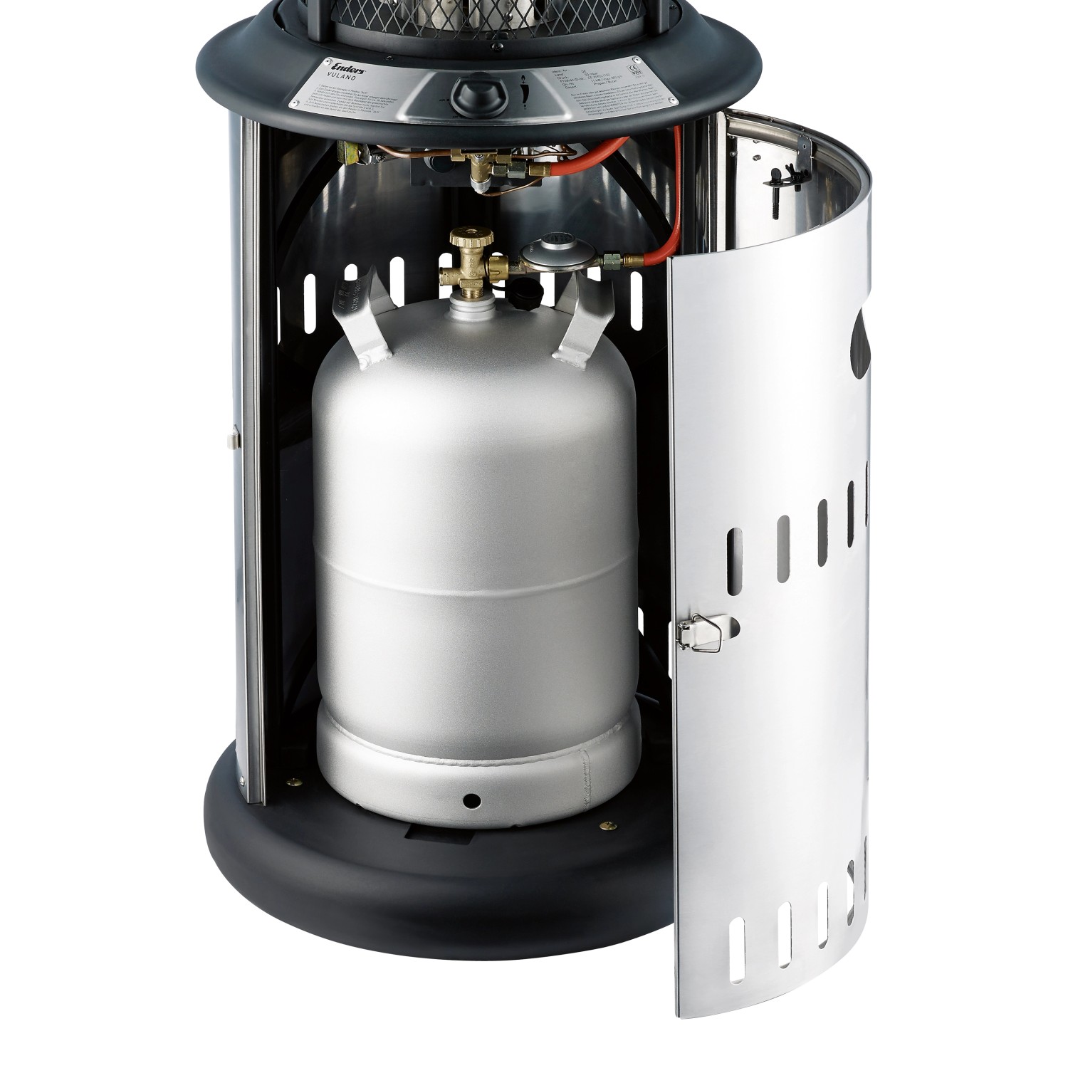 Enders Gas-Terrassenfeuer Vulano Edelstahl Schwarz mit Gasflasche im Unterbau.